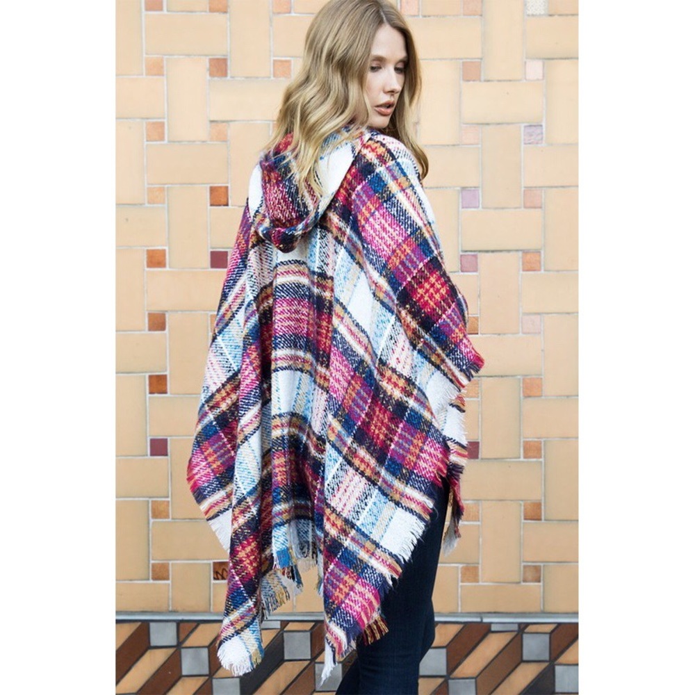Gracelyn Magenta Hooded Plaid Kimono Top - Picture 5 of 8